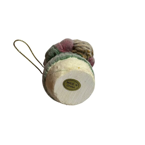 Velvet Flocked Snowman Ornament With Pink & Green Hat Holding Birds Nest - Picture 3 of 7